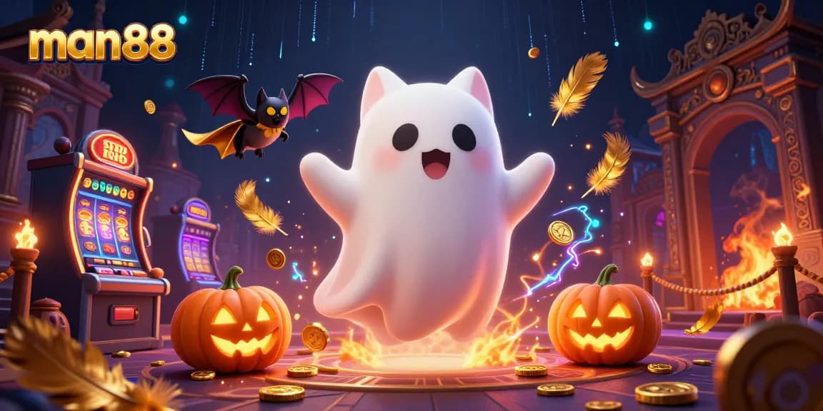 Experience thrills at man88 with a 3D illustration of a ghost cat in a haunted casino scene.