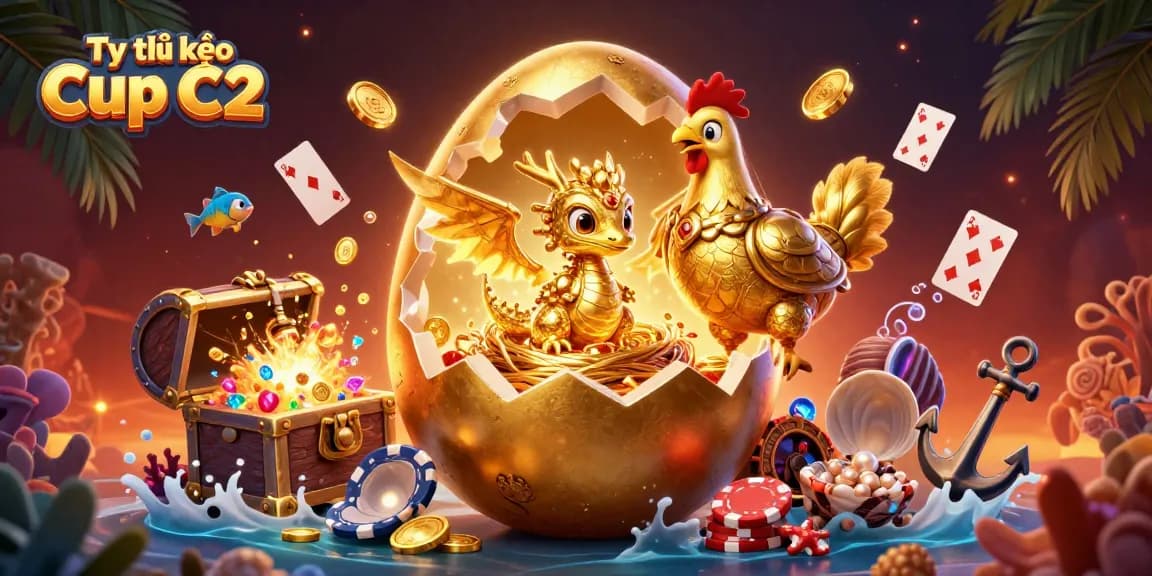 Tỷ lệ kèo Cup C2 illustrates a golden egg, dragon, and chips, embodying exciting gambling action.