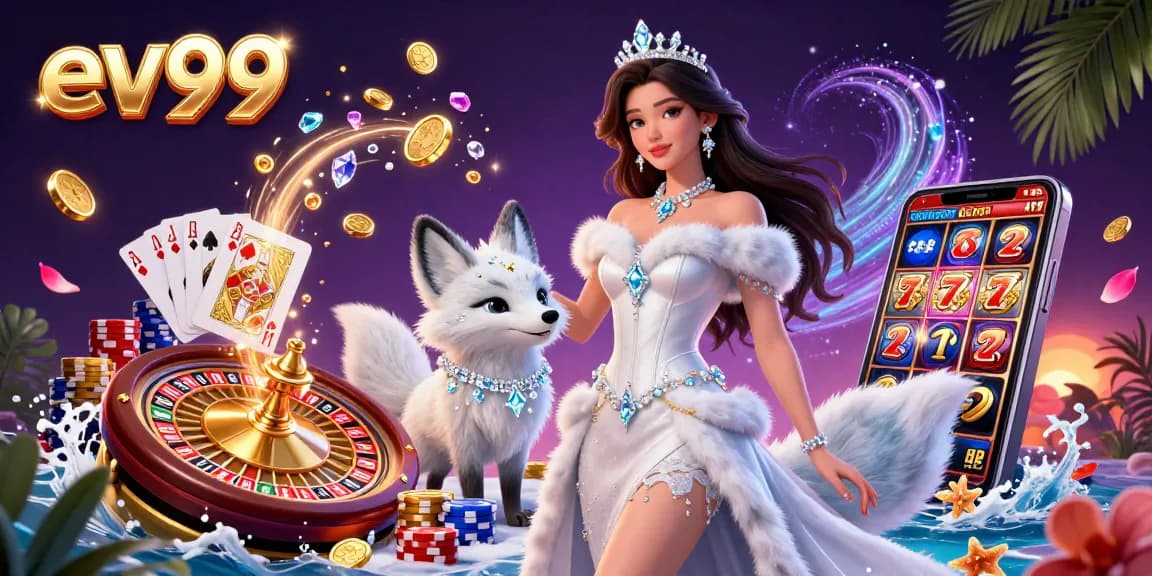 Experience exciting gaming at ev99, with a majestic ice queen, cascading coins, and vibrant casino elements.