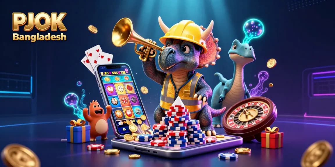 PJOK Bangladesh celebrates with a triceratops building poker chip towers amidst vibrant casino elements.
