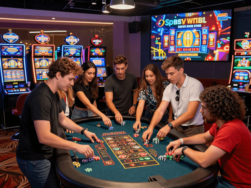 Grupo de jogadores animados no cassino da SPBET, aproveitando a roleta e slots vibrantes.