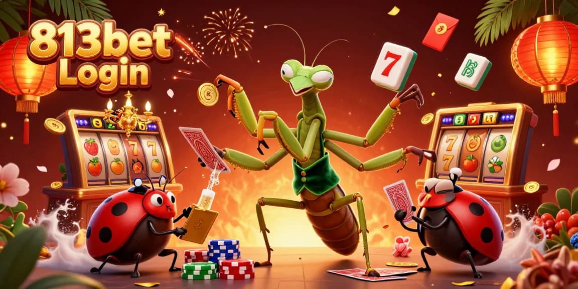 Realize apostas na 813bet Login com uma cena vibrante de cassino, incluindo personagens e elementos de jogos.