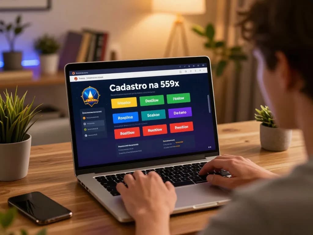 Engaging in Cadastro na 559x with a user-friendly online gaming setup, showcasing a laptop display and cozy atmosphere.