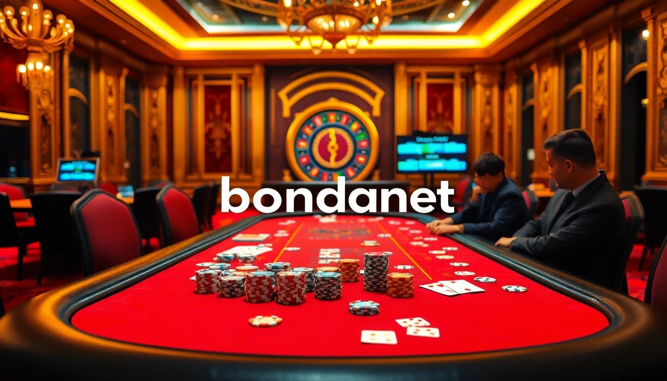 Engage in thrilling poker gameplay at Bongdanet's luxurious casino scene with vibrant chips and a roulette wheel.