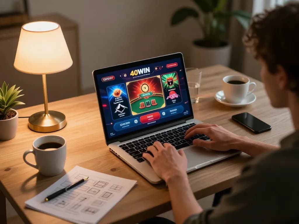 Player engaged in online betting on 40WIN with cozy home setup using laptop and strategy notes