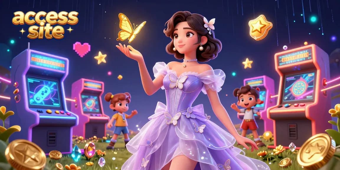 Experience the excitement of the access site with a vibrant 3D casino scene showcasing game elements and enchanting characters.