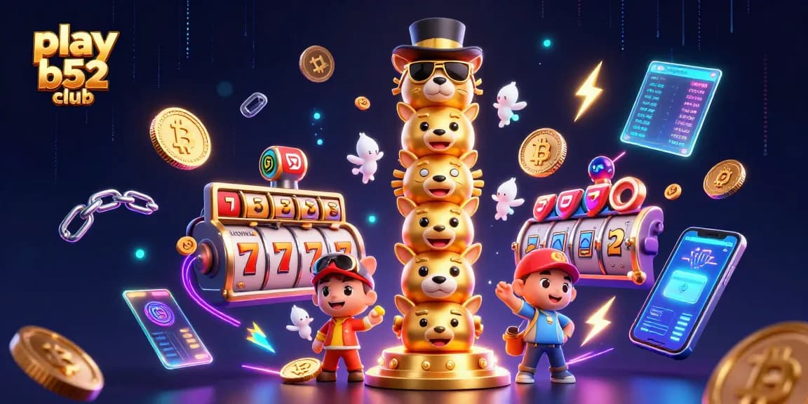 Play B52 Club for thrilling slots action amidst glowing crypto coins and vibrant game elements.