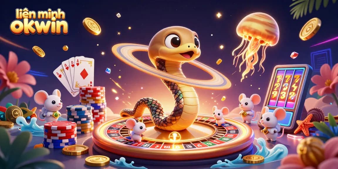 Experience the thrilling fun of liên minh okwin as cartoon astronaut mice place bets on a roulette-styled Saturn, surrounded by sparkling coins and casino elements.