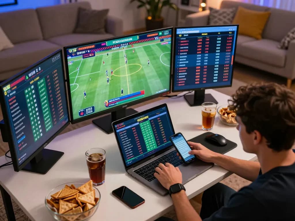 Placing bets on sports at home, showcasing dynamic gaming atmosphere with https://tr88.bio/ on the mobile screen.