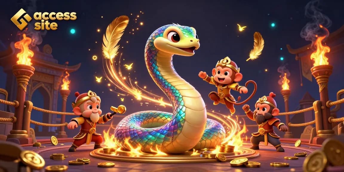 Engage players on the access site with iridescent serpent and golden coins in dynamic casino scene.