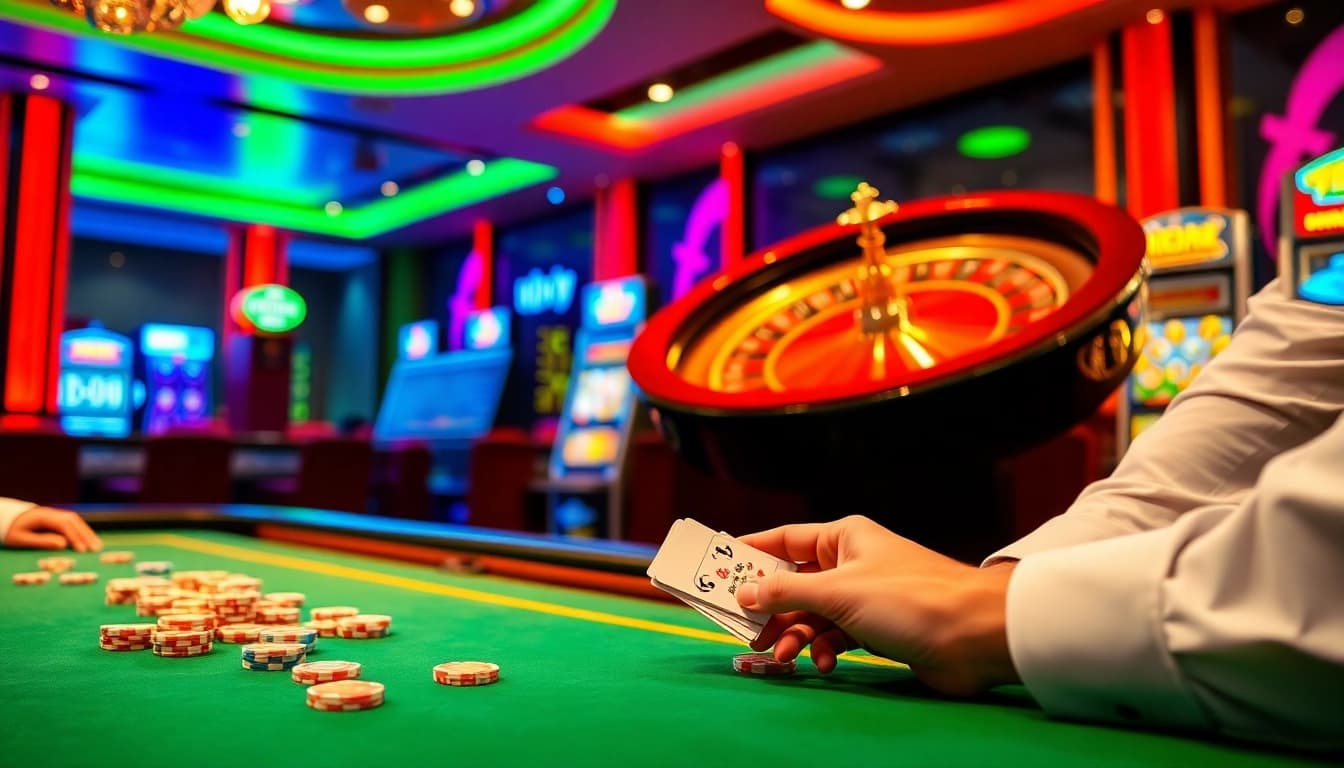 Exciting casino scene with poker chips and roulette wheel showcasing 78win gaming experience.