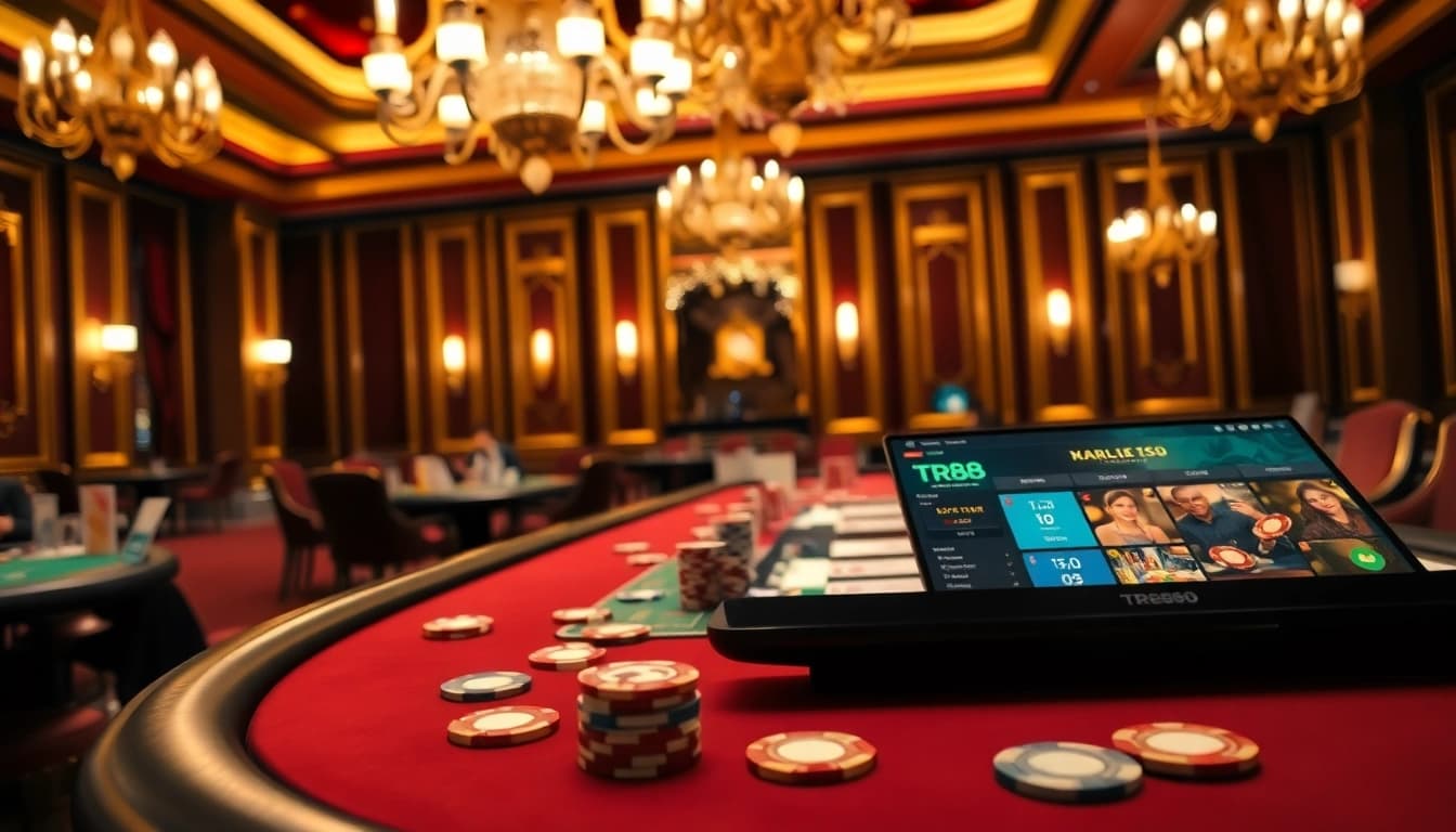 Experience high-stakes poker at TR88's luxurious casino table, featuring vibrant chips and cards.