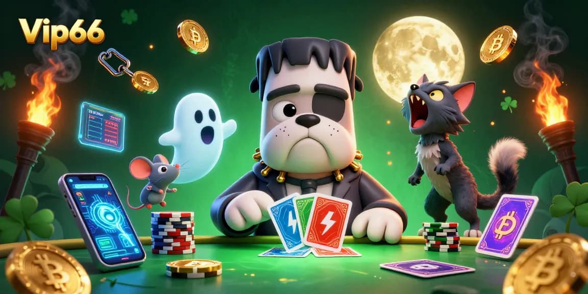 Experience the thrill of winning at Vip66 with a vibrant casino scene featuring cartoon characters and crypto coins.