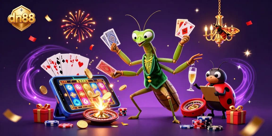 Experience dynamic gaming magic at dn88 with a giant praying mantis and ladybug pit boss in a colorful casino scene.