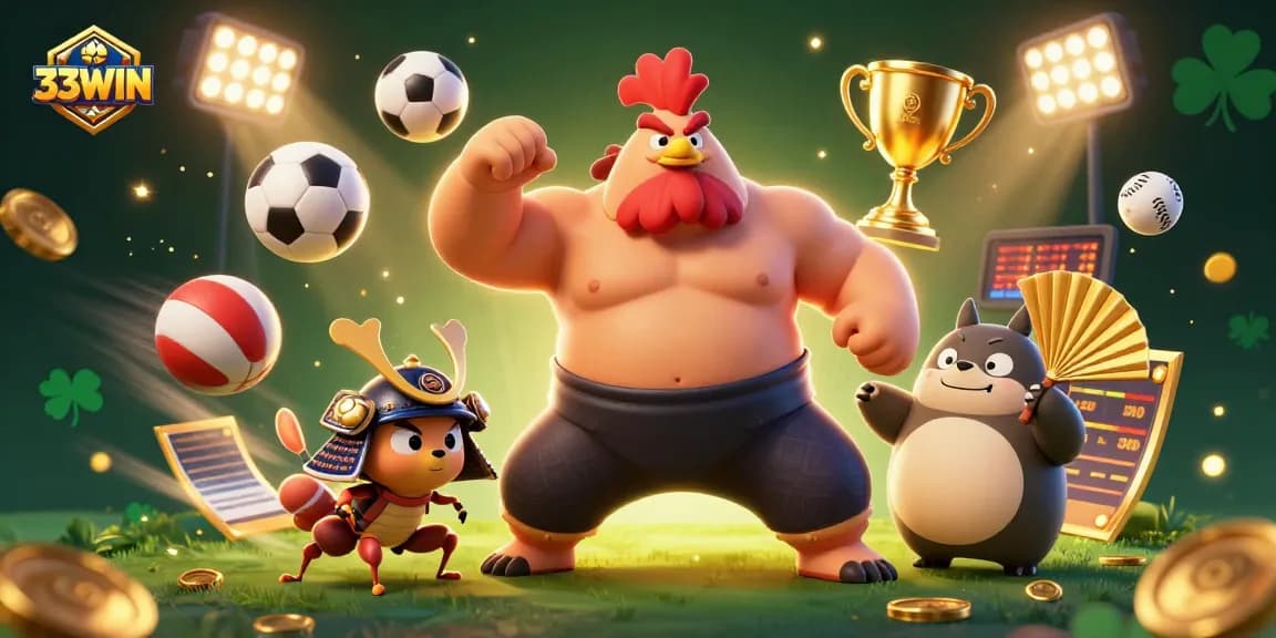 Experience thrilling gameplay at 33WIN with dynamic sports betting characters in an exciting casino illustration.