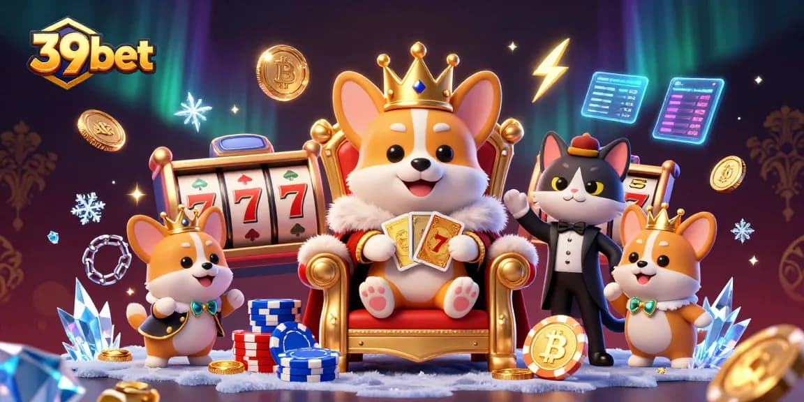 Experience vibrant gaming at 39bet, featuring royal corgis, slots, and crypto elements.