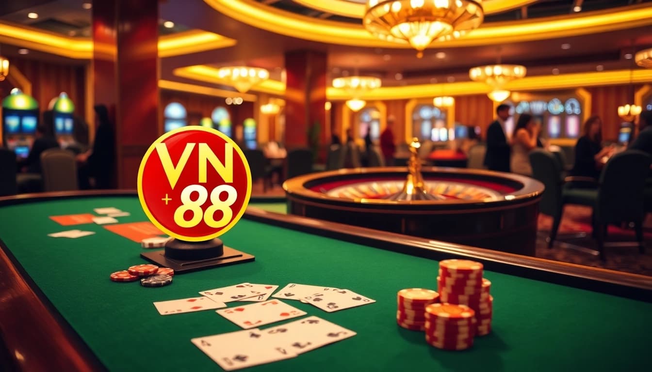 Engaging VN 88 gaming experience with casino tables, cards, and excitement.