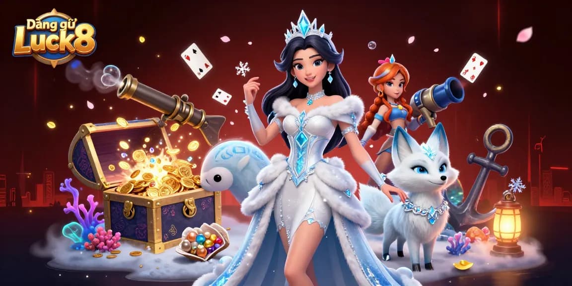 Experience thrilling action with Đăng ký Luck8 in a vibrant casino illustration filled with gold coins and playing cards.