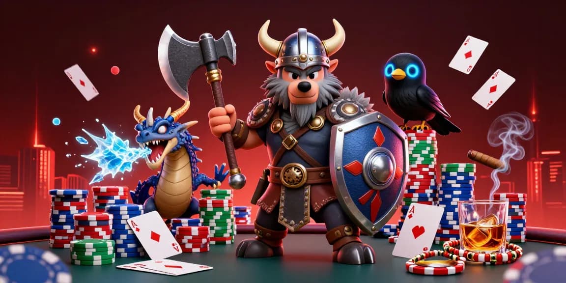 66club cartoon Viking wolf and dragon engaging in an exciting poker scene with vibrant gaming elements.