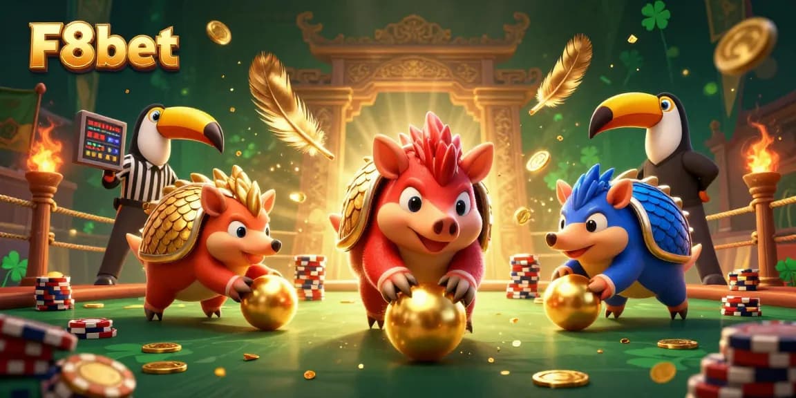 Engage in thrilling gameplay at F8bet with rival pangolins amidst a vibrant casino atmosphere.