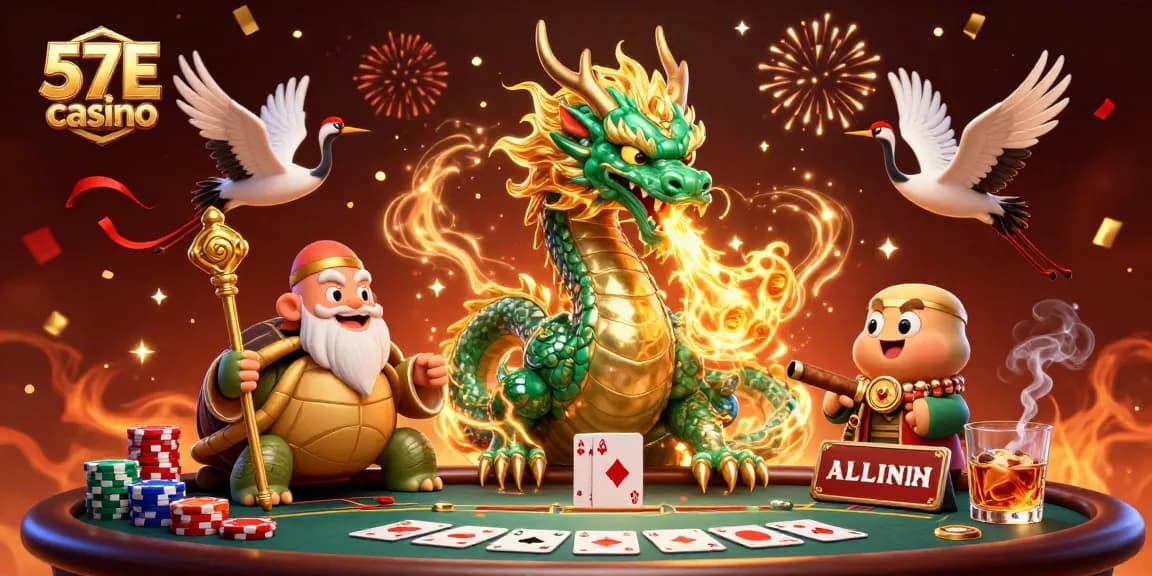 57E casino showcases an exciting scene with a jade dragon and poker elements illustrating the thrill of gaming.