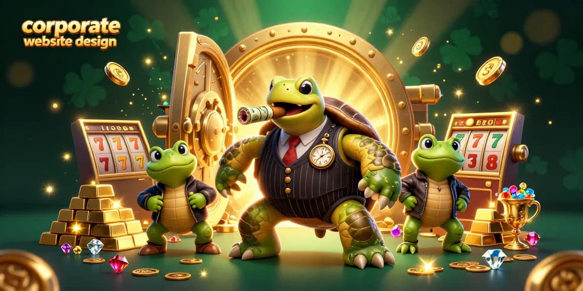 Engage with corporate website design in a vibrant casino scene featuring a snapping turtle and bullfrogs.