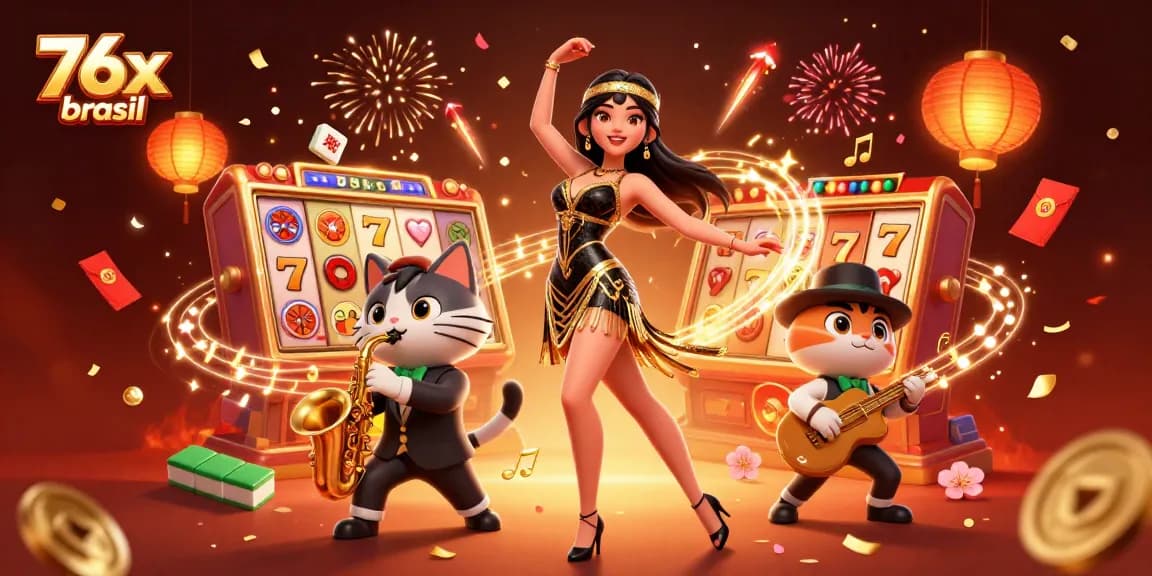 Join the excitement of 76x brasil with vibrant slot reels and dynamic casino celebration elements.
