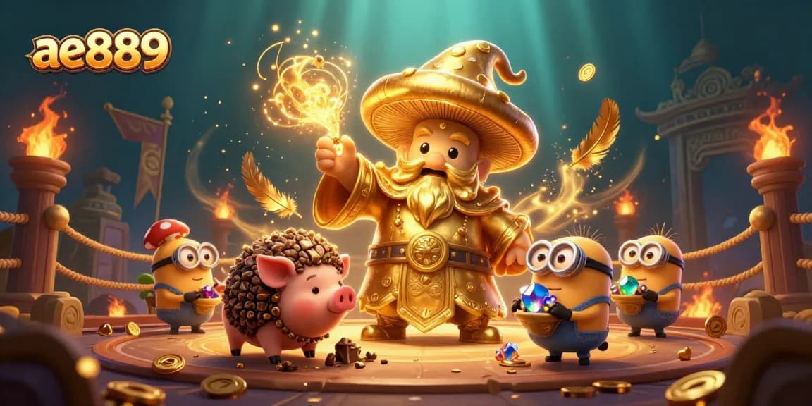 Experience thrilling adventures at ae889 as a wizard channels magical gold in a vibrant casino scene.