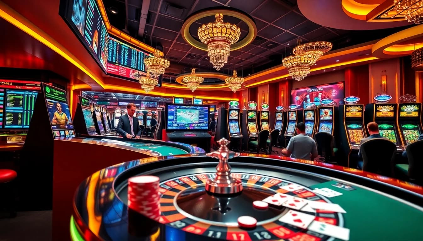 Gamblers enjoy the excitement of xxgg.com with vibrant tables, screens, and betting action.