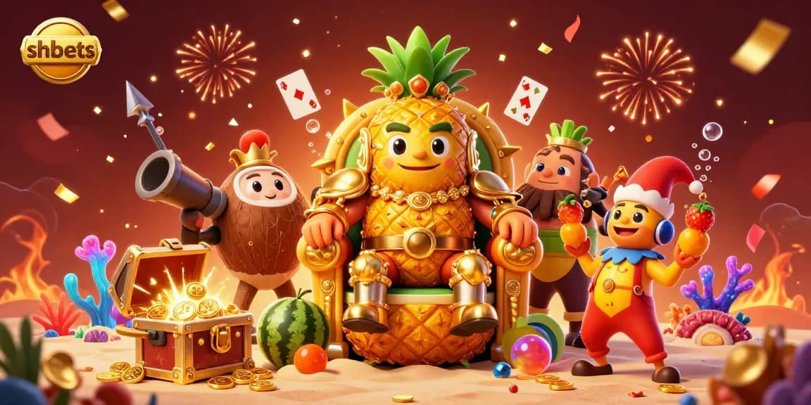 Experience thrilling gameplay with shbets at a vibrant beach casino with animated characters and colorful gems.