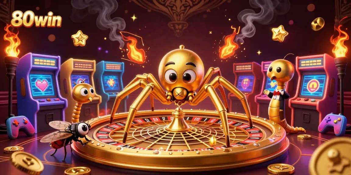 Experience thrilling bets at 80win with a golden roulette web surrounded by vibrant gaming elements.