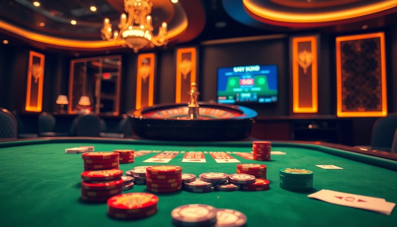 Experience the thrill of kqbd with vibrant casino graphics showcasing table games and betting excitement.