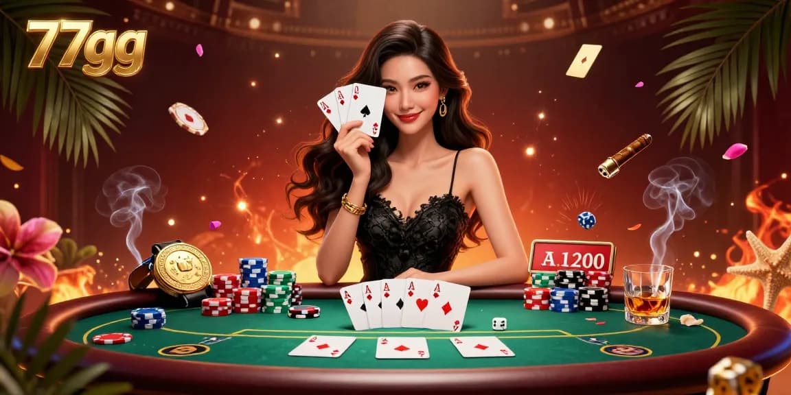 Experience the thrill of 77gg with a photorealistic Asian woman holding winning poker cards in a luxurious casino.