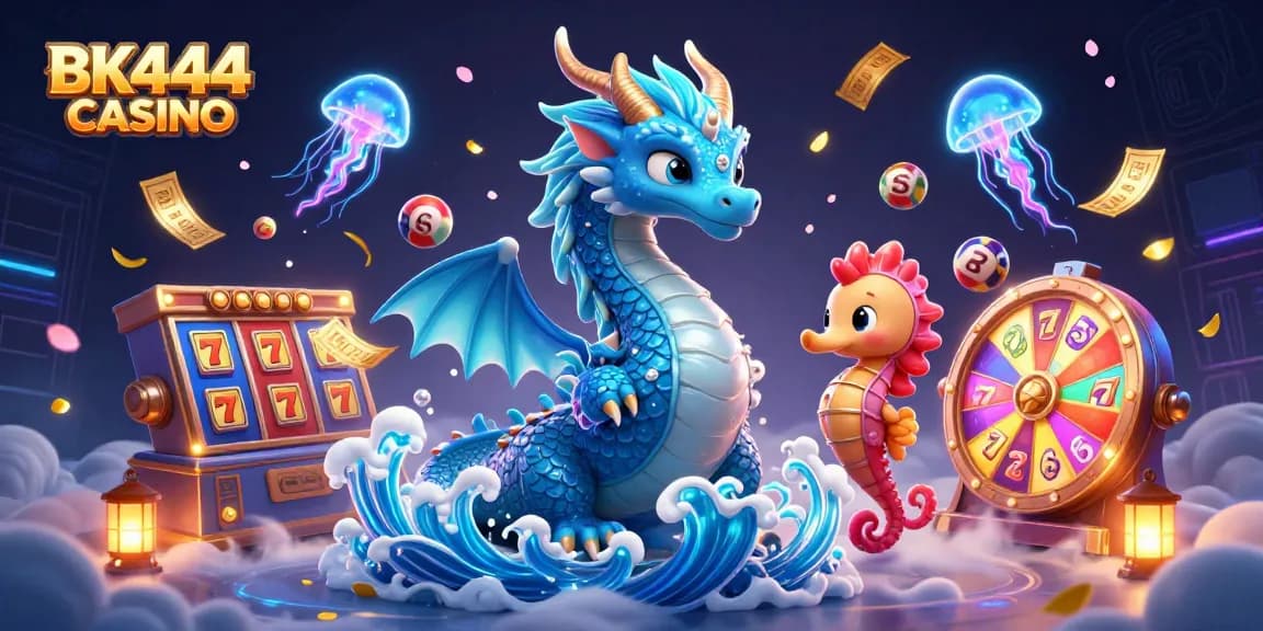 Experience excitement at BK444 CASINO with vibrant slot reels and mythical ocean characters.
