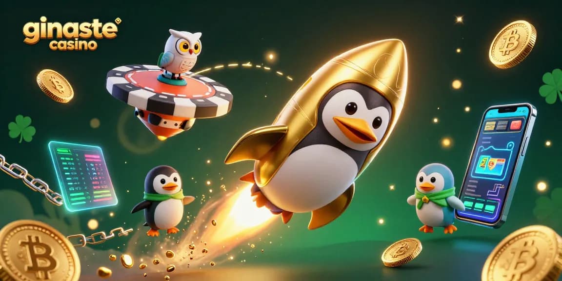 Engage in thrilling gameplay at ginaste casino with vibrant 3D illustration showcasing crypto coins and a dynamic penguin character.