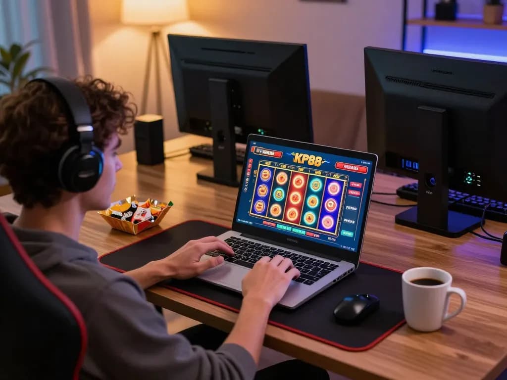 Engaging with KP88 online casino from a cozy home desk, capturing the excitement of gameplay.