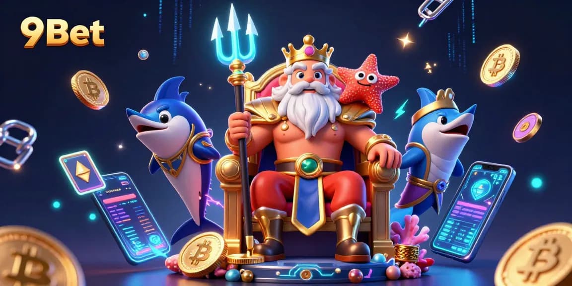 Engage in the thrilling world of 9Bet with Neptune and crypto elements in a vibrant casino scene.