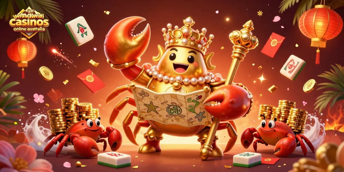 Experience fast withdrawal casinos online Australia with vibrant digital art of a crab emperor and treasures.