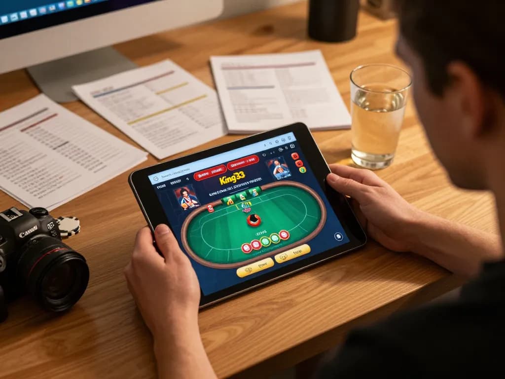Player engaged in king33 online casino poker game, showcasing strategy and focus in a cozy setup.