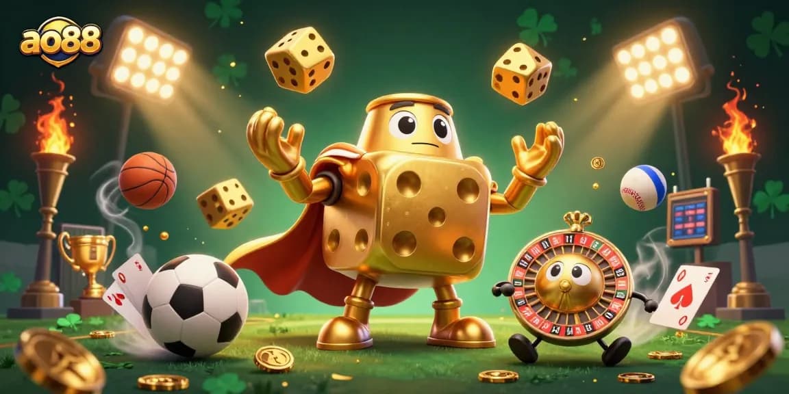 Experience thrilling gaming with ao88, featuring dynamic golden dice and vibrant sports elements!