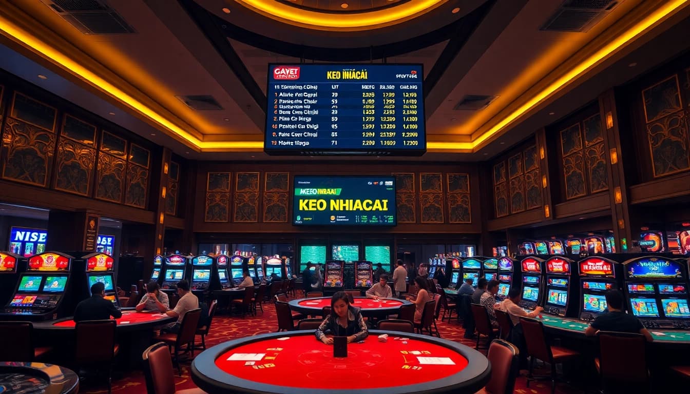 Experience KEO NHACAI as players engage in thrilling sports betting within a lavish casino.