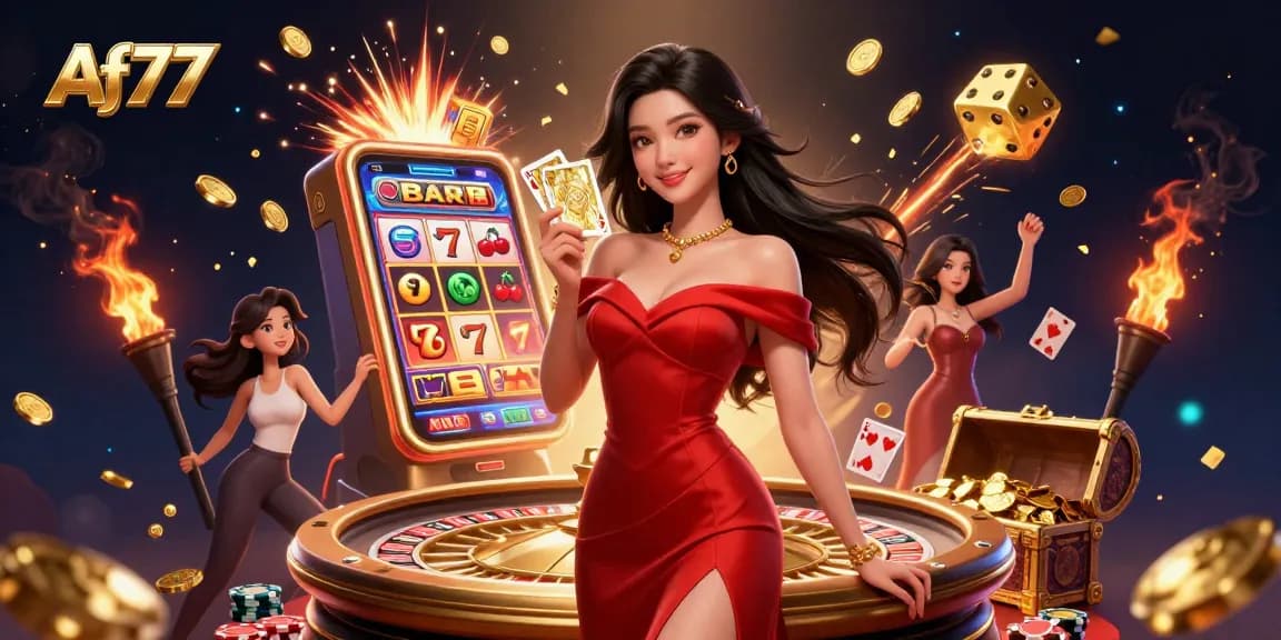 Experience the thrill of Af77 with a stunning young woman and golden roulette in a vibrant casino scene.