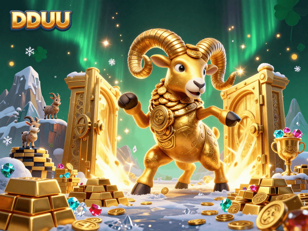 Engage with DDUU's vibrant casino atmosphere filled with golden treasures and dynamic characters in an exciting slots environment.