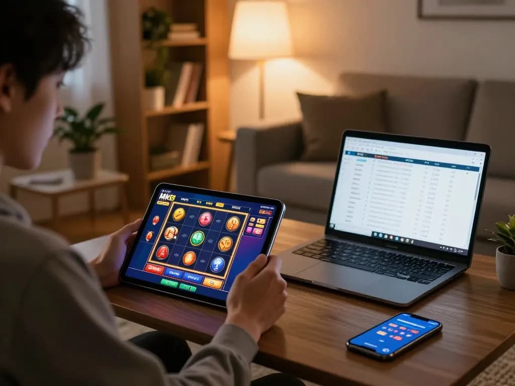 Player engaging with MK8 casino app on tablet in a cozy home setting, highlighting online gambling.
