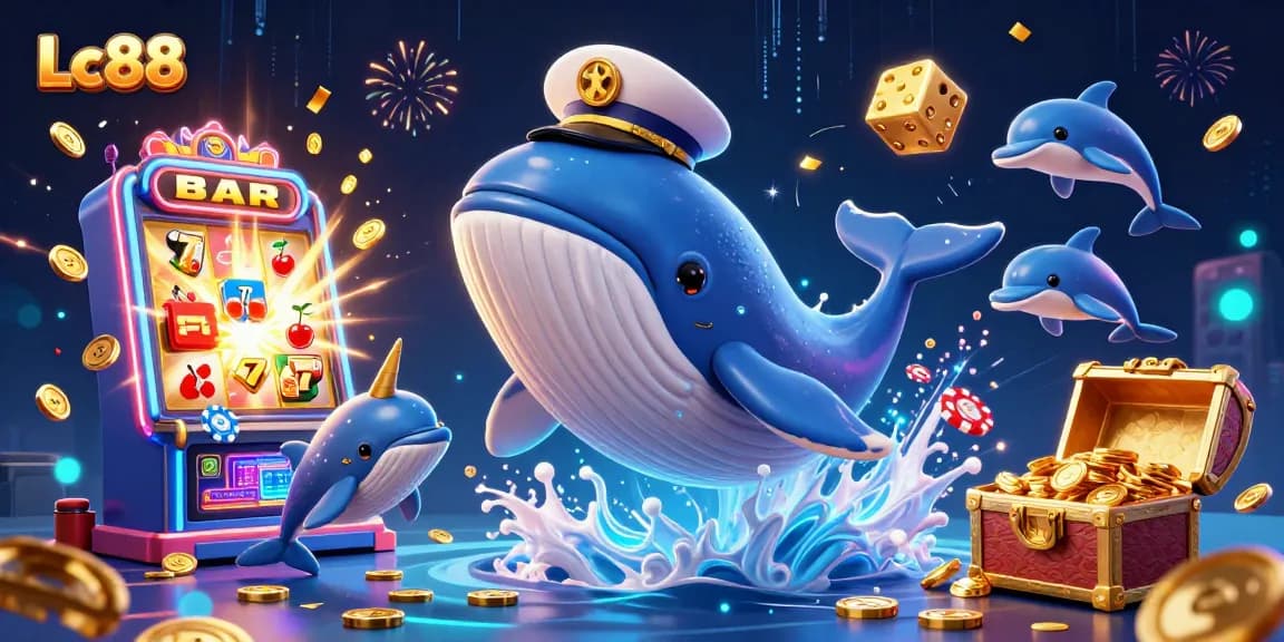 Experience the excitement at Lc88 with a magical scene featuring a whale, narwhal, and playful dolphins in a casino.