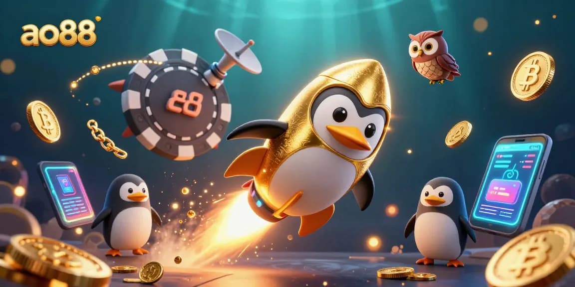 Experience ao88's thrilling online gaming with a golden penguin soaring towards a dynamic casino space station.