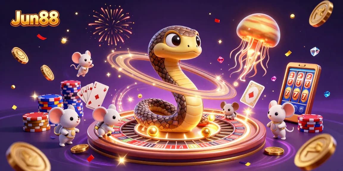 Bet on Jun88 with dynamic casino elements and a vibrant cosmic atmosphere in this engaging 3D illustration.
