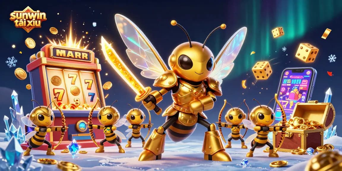 Experience the excitement of sunwin tài xỉu with a vibrant casino-themed 3D illustration featuring a dynamic hornet warrior.