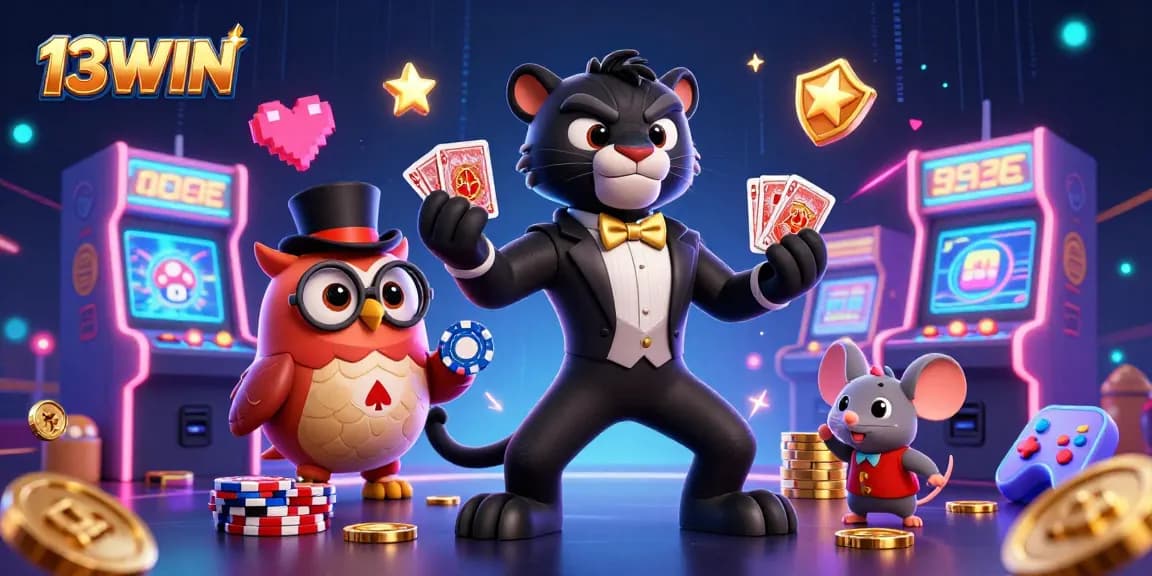 Experience thrilling gameplay at 13WIN with a vibrant casino scene featuring charming characters and game elements.