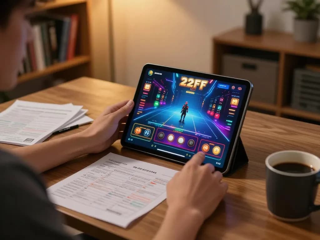 Engaging with 22ff casino app on tablet in a cozy gaming setup